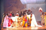 Actors (Center L-R) Gilbert Price, Melba Moore & Ira Hawkins w. cast in a scene fr. the Broadway musical "Timbuktu!." (New York)