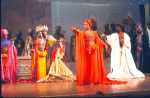 Actors (2L-R) Melba Moore, Gilbert Price, Eartha Kitt & Ira Hawkins w. cast in a scene fr. the Broadway musical "Timbuktu!." (New York)