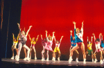 Actresses Lauren Goler (2L), Cindy Oakes (5L) and Tia Riebling (3R) with cast in a scene from the Broadway musical "Smile." (New York)