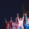 Actresses (3L-2R) Mia Malm, Tia Riebling, Cindy Oakes, Deanna Wells and Lauren Goler with cast in a scene from the Broadway musical "Smile." (New York)