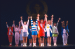 Actresses (3L-2R) Mia Malm, Tia Riebling, Cindy Oakes, Deanna Wells and Lauren Goler with cast in a scene from the Broadway musical "Smile." (New York)