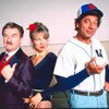 Actors (L-R) Eddie Bracken, Susan Elizabeth Scott & Joe Namath in a publicity shot fr. the Jones Beach revival of the Broadway musical "Damn Yankees." (New York)