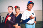 Actors (L-R) Eddie Bracken, Susan Elizabeth Scott & Joe Namath in a publicity shot fr. the Jones Beach revival of the Broadway musical "Damn Yankees." (New York)