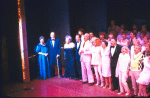 Legendary Broadway director George Abbott (2L) w. star-studded cast of his 100th birthday tribute, "Happy Birthday, Mr. Abbott!." (New York)
