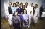 Actors (Top L-R) M'el Dowd, Eileen Brennan, Sam Coppola, Michael Moriarty, Martin Shakar, Jeanne Moreau, Roy Dotrice, C. M. Gampel and Penelope Allen; (Front L-R) Brad Greenquist and Martia Geraghty in a publicity shot from the revival (which closed prior to Broadway) of the play "The Night of the Iguana." (New York)