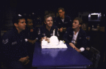 Actors (L-R) Tom Jenkins, Anthony Chisholm, James Handy, Ray Robertson and R. J. Bonds in a scene from the New York Shakespeare Festival's production of the play "Ice Bridge." (New York)