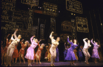 Actors Jim Walton (C) & Clare Leach (3R) w. cast in a scene fr. the National tour of the Broadway musical "42nd Street."
