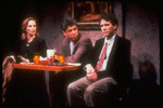Actors (R-L) Boyd Gaines, Adam Arkin and Laila Robins talking in restaurant in scene from off-Broadway production of A.R. Gurney play "The Extra Man"
