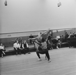 (2L-3L) Choregrapher George Balanchine and composer Igor Stravinsky watching dancers Diana Adams and Arthur Mitchell rehearsing New York City Ballet production of "Agon" (New York)