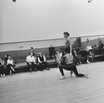 (3L-4L) Choregrapher George Balanchine and composer Igor Stravinsky watching dancers Diana Adams and Arthur Mitchell rehearsing New York City Ballet production of "Agon" (New York)