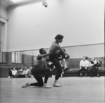 (2R-R) Choregrapher George Balanchine and composer Igor Stravinsky watching dancers Diana Adams and Arthur Mitchell rehearsing New York City Ballet production of "Agon" (New York)