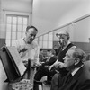 (L-R) Choreographer George Balanchine and composer Igor Stravinsky with pianist Nicholas Kopeikine at rehearsal of New York City Ballet production of "Agon" (New York)