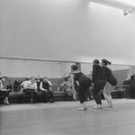 (2L-3L) Choreographer George Balanchine and composer Igor Stravinsky watching dancers Barbara Milberg, Todd Bolender and Barbara Walczak rehearsing for New York City Ballet production of "Agon" (New York)