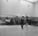 (L-2L) Choreographer George Balanchine and composer Igor Stravinsky watching dancers Barbara Milberg and Barbara Walczak rehearsing for New York City Ballet production of "Agon" (New York)