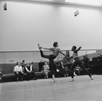 (L-2L) Choregrapher George Balanchine and composer Igor Stravinsky watching dancers Diana Adams and Arthur Mitchell rehearsing New York City Ballet production of "Agon" (New York)