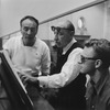 (L-2R) Choreographer George Balanchine & composer Igor Stravinsky at rehearsal of New York City Ballet production of "Agon" (New York)