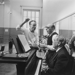(L-R) Choreographer George Balanchine and composer Igor Stravinsky with pianist Nicholas Kopeikine at rehearsal of New York City Ballet production of "Agon" (New York)