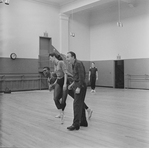 New York City Ballet production of ballet "Agon" with choreographer George Balanchine rehearsing dancers Diana Adams and Arthur Mitchell (New York)