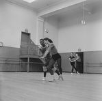 New York City Ballet rehearsal of "Agon" with Diana Adams and Arthur Mitchell, at right are Allegra Kent and Jonathan Watts, choreography by George Balanchine (New York)