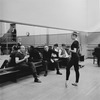 New York City Ballet production of "Electronics" with choreographer George Balanchine rehearsing dancer Violette Verdy as composer Remi Gassmann looks on (New York)