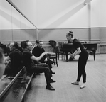 New York City Ballet production of "Electronics" with choreographer George Balanchine rehearsing dancer Violette Verdy as composer Remi Gassmann looks on (New York)
