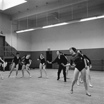 New York City Ballet rehearsal of "Electronics" with choreographer George Balanchine working with dancers Leslie Ruchala and Carole Fields (New York)