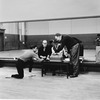 New York City Ballet rehearsal of "Electronics" with (L-R) dancer Edward Villella, choreographer George Balanchine and composer Remi Gassmann listening to music (New York)
