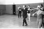 New York City Ballet rehearsal of "The Figure in the Carpet" with George Balanchine and dancers (Leslie Ruchala behind him with Lois Bewley at right) choreography by George Balanchine (New York)