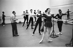 New York City Ballet Company Class with George Balanchine and front at the barre are Suzanne Farrell (2nd) and Teena McConnell (New York)