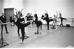 New York City Ballet Company Class with George Balanchine at left with Patricia Wilde, Mimi Paul, Maria Tallchief and Melissa Hayden (New York)