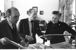 Designer Esteban Francés, choreographer George Balanchine, and costumer Barbara Karinska consulting sketches for "Don Quixote"