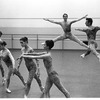 New York City Ballet rehearsal of "Summerspace" with Carol Sumner, Sara Leland, Patricia Neary, Kay Mazzo, in the air are Anthony Blum and Deni Lamont, choreography by Merce Cunningham (New York)