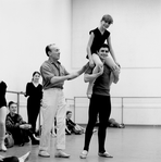 New York City Ballet rehearsal of "Harlequinade" with George Balanchine, Edward Villella with Gelsey Kirkland on his shoulder, choreography by George Balanchine (New York)