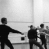 New York City Ballet rehearsal of "Brahms-Schoenberg Quartet" with Balanchine and Suzanne Erlon, Wilhelm Burmann at left, choreography by George Balanchine (New York)