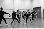 New York City Ballet rehearsal of "Brahms-Schoenberg Quartet" with Balanchine and Suzanne Erlon, Wilhelm Burmann at left, choreography by George Balanchine (New York)