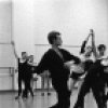 New York City Ballet rehearsal of "Brahms-Schoenberg Quartet" with Balanchine and Suzanne Erlon, Wilhelm Burmann at left, choreography by George Balanchine (New York)