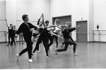 New York City Ballet rehearsal of "Brahms-Schoenberg Quartet" with Balanchine and Suzanne Erlon, Wilhelm Burmann at left, choreography by George Balanchine (New York)