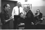 New York City Ballet rehearsal of "Slaughter on Tenth Avenue" with George Balanchine and Richard Rodgers with conductor Robert Irving, pianist Gordon Boelzner and arranger Hershy Kay, choreography by George Balanchine (New York)