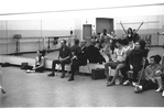 New York City Ballet rehearsal of "Slaughter on Tenth Avenue" with George Balanchine and Richard Rodgers, (in mirror are Suzanne Farrell and Arthur Mitchell), choreography by George Balanchine (New York)