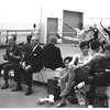 New York City Ballet rehearsal of "Slaughter on Tenth Avenue" with George Balanchine and Richard Rodgers, (in mirror are Suzanne Farrell and Arthur Mitchell), choreography by George Balanchine (New York)