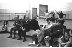 New York City Ballet rehearsal of "Slaughter on Tenth Avenue" with George Balanchine and Richard Rodgers, (in mirror are Suzanne Farrell and Arthur Mitchell), choreography by George Balanchine (New York)