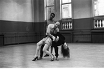 New York City Ballet rehearsal of "Slaughter on Tenth Avenue"; George Balanchine with Suzanne Farrell and Arthur Mitchell, choreography by George Balanchine (New York)