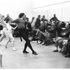 New York City Ballet rehearsal of "Who Cares?" with Jacques d'Amboise, on bench conductor Hugo Fiorato, critic Ben Haggin, George Balanchine, Lucy Davidova, choreography by George Balanchine (New York)