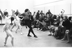 New York City Ballet rehearsal of "Who Cares?" with Jacques d'Amboise, on bench conductor Hugo Fiorato, critic Ben Haggin, George Balanchine, Lucy Davidova, choreography by George Balanchine (New York)