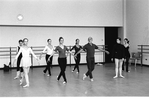 New York City Ballet rehearsal for "The Concert" with front row Christine Redpath , Bettijane Sills, Jerome Robbins, Suzanne Erlon, second row center Delia Peters, choreography by Jerome Robbins (New York)
