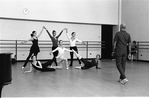 New York City Ballet rehearsal for "The Concert" with front row Giselle Roberge, Christine Redpath, Delia Peters; second row Suzanne Erlon, Bettijane Sills, and Gloriann Hicks, choreography by Jerome Robbins (New York)