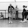 New York City Ballet rehearsal of "Coppelia" Patricia McBride, (behind her)) Lincoln Kirstein, George Balanchine, choreography by George Balanchine and Alexandra Danilova after Marius Petipa (New York)