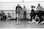 New York City Ballet rehearsal of "Coppelia" Patricia McBride, (behind her)) Lincoln Kirstein, George Balanchine, choreography by George Balanchine and Alexandra Danilova after Marius Petipa (New York)