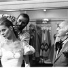 Karin von Aroldingen, hairdresser James Brusock, and George Balanchine in a costume fitting for "Vienna Waltzes"