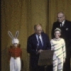 Mayor Koch presents an award to Lincoln Kirstein, with children from the School of American Ballet in costume for "The Nutcracker", (New York)